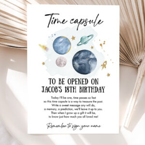 editable outer space time capsule first birthday party astronaut rocket space birthday moon planets guestbook party invitation 5