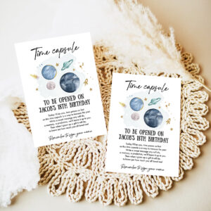 editable outer space time capsule first birthday party astronaut rocket space birthday moon planets guestbook party invitation 7