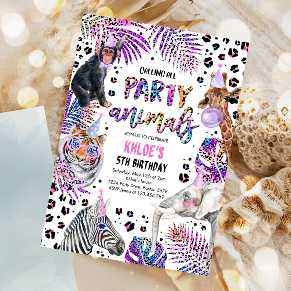 editable party animals birthday invitation holographic rainbow cheetah print safari animals party invitation 1