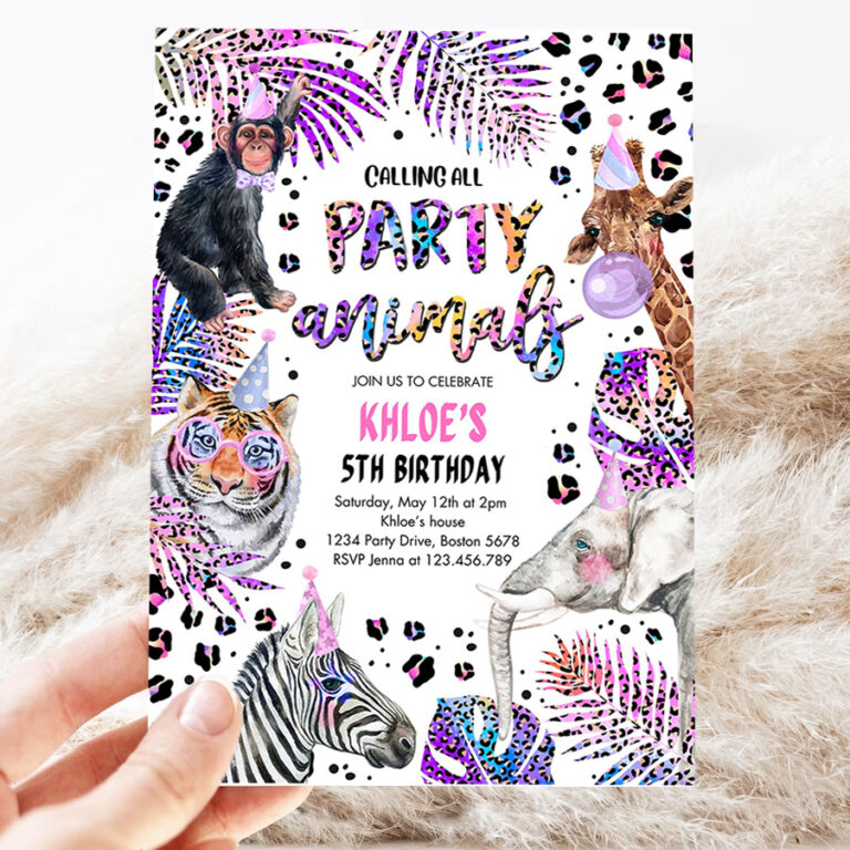 editable party animals birthday invitation holographic rainbow cheetah print safari animals party invitation 3