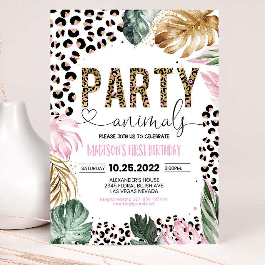 editable party animals birthday invitation leopard print jungle birthday party leopard print wild one two wild template 2