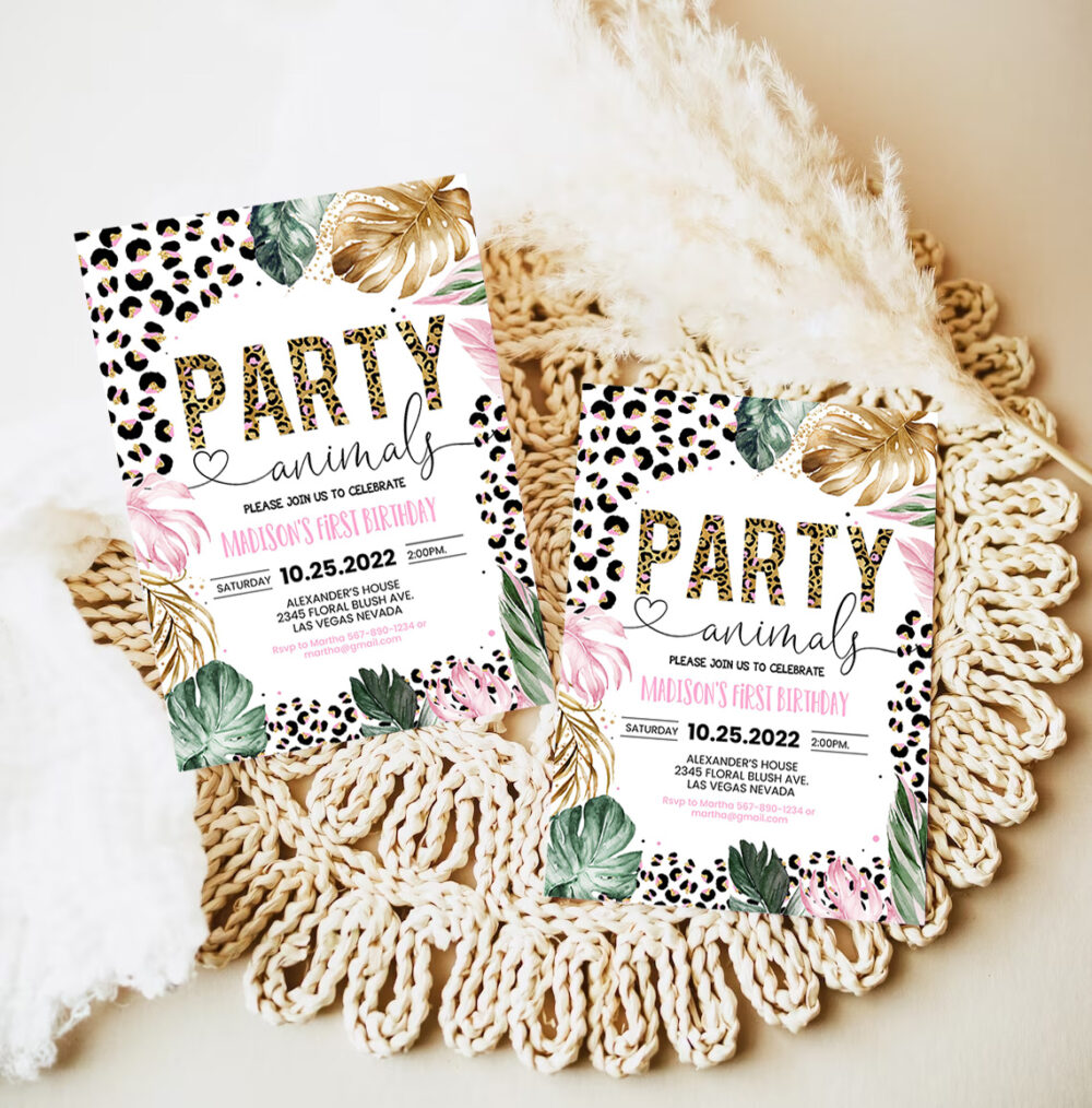 editable party animals birthday invitation leopard print jungle birthday party leopard print wild one two wild template 7