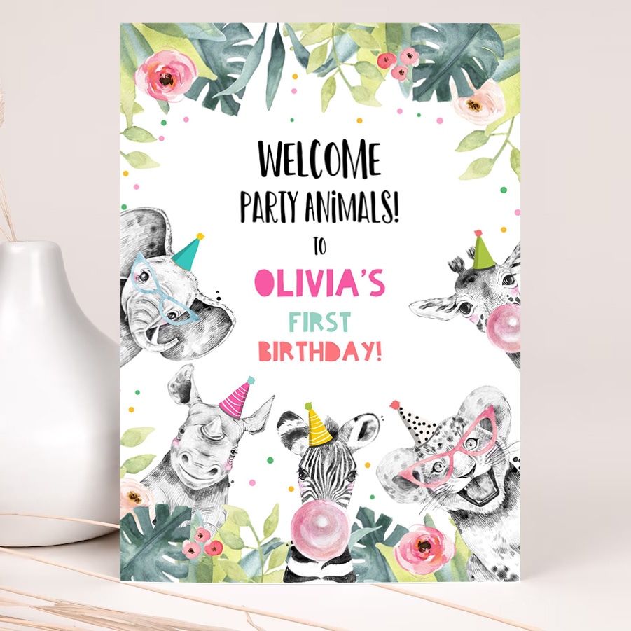 editable party animals welcome sign party animal sign zoo safari welcome jungle sign birthday animals girl party invite 2