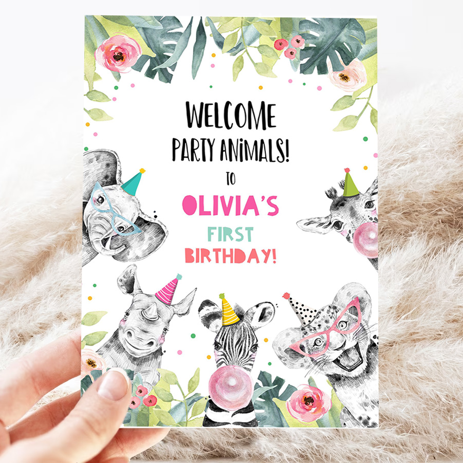 editable party animals welcome sign party animal sign zoo safari welcome jungle sign birthday animals girl party invite 3