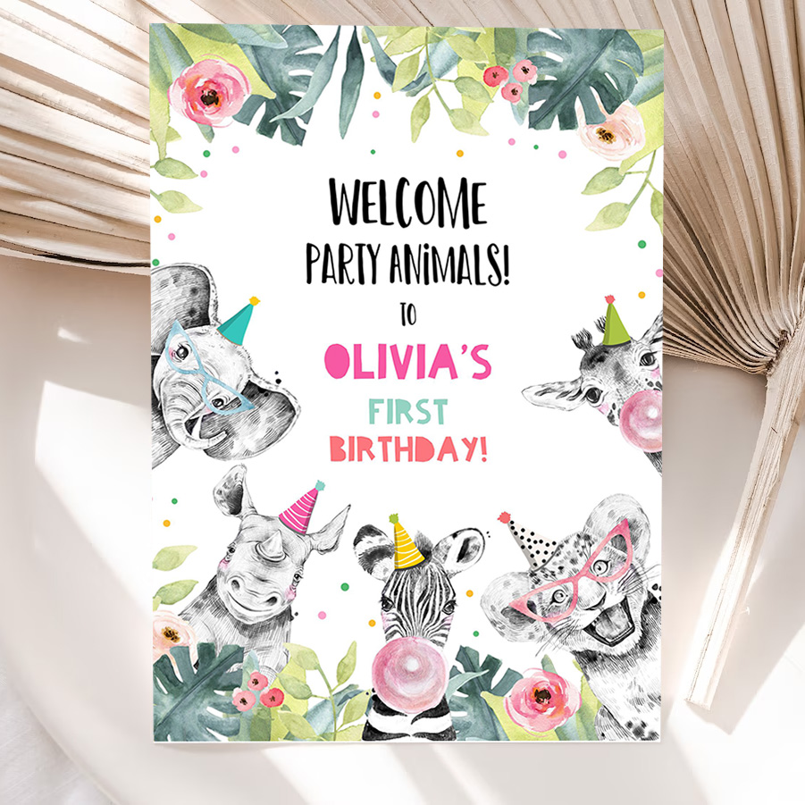editable party animals welcome sign party animal sign zoo safari welcome jungle sign birthday animals girl party invite 5