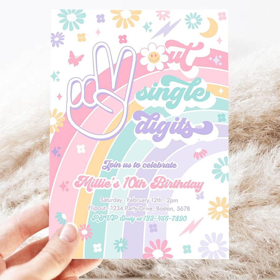 editable peace out single digits birthday party invitation groovy tween 10th birthday hippie 70s double digits birthday 3