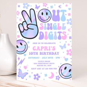 editable peace out single digits birthday party invitation holographic groovy 10th birthday hippie double digits party 2