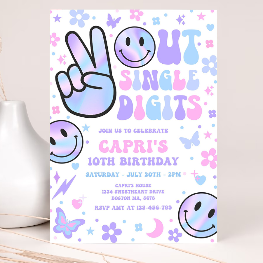 editable peace out single digits birthday party invitation holographic groovy 10th birthday hippie double digits party 2