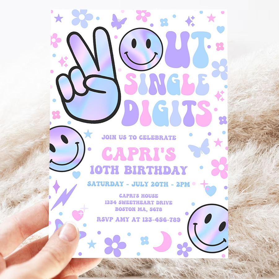 editable peace out single digits birthday party invitation holographic groovy 10th birthday hippie double digits party 3