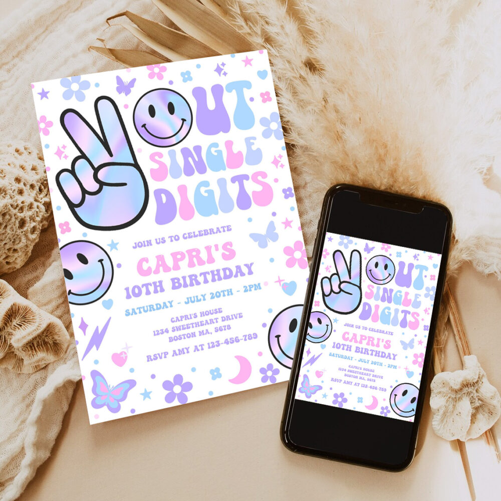 editable peace out single digits birthday party invitation holographic groovy 10th birthday hippie double digits party 6