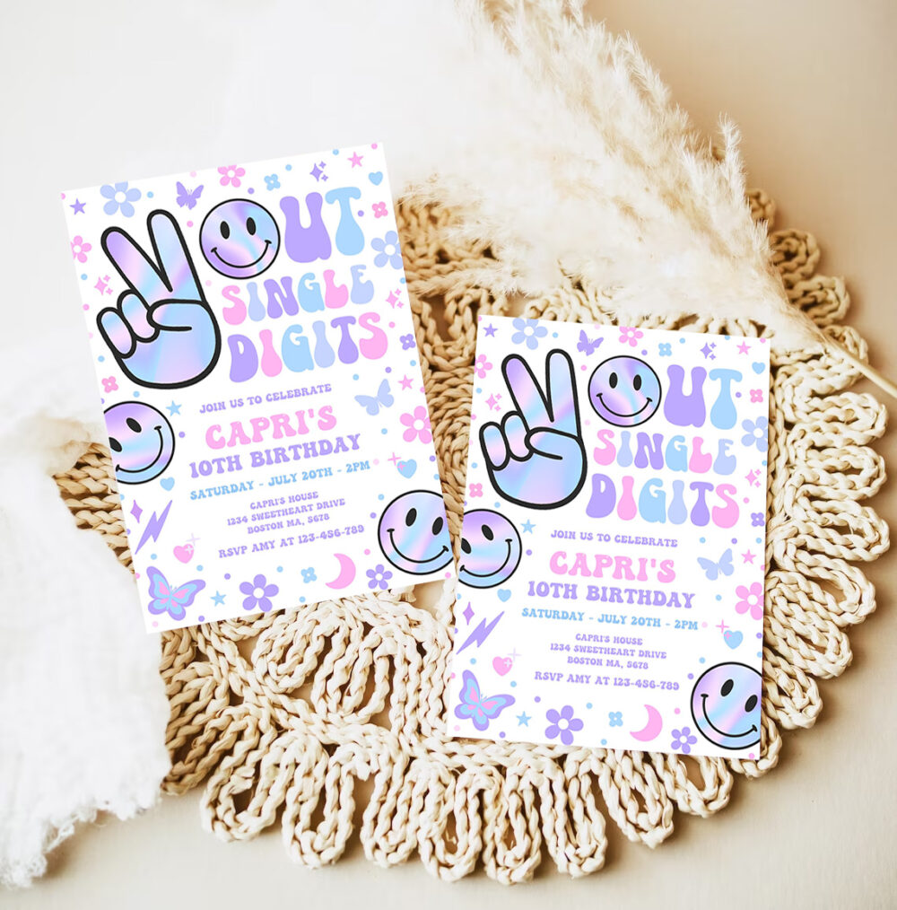 editable peace out single digits birthday party invitation holographic groovy 10th birthday hippie double digits party 7