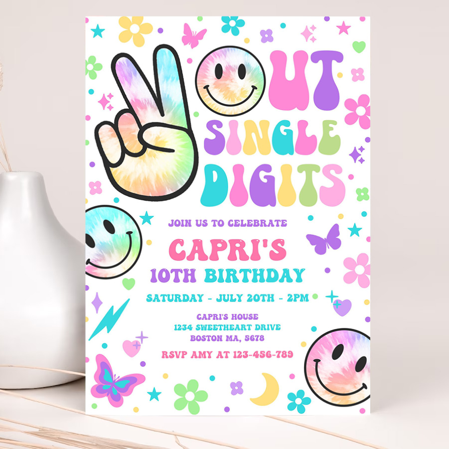 editable peace out single digits birthday party invitation tie dye groovy tween 10th birthday hippie double digits party 2