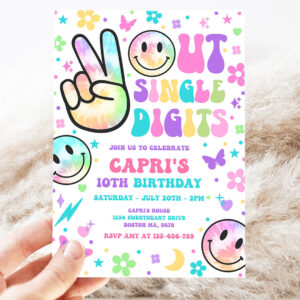 editable peace out single digits birthday party invitation tie dye groovy tween 10th birthday hippie double digits party 3