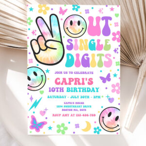 editable peace out single digits birthday party invitation tie dye groovy tween 10th birthday hippie double digits party 5