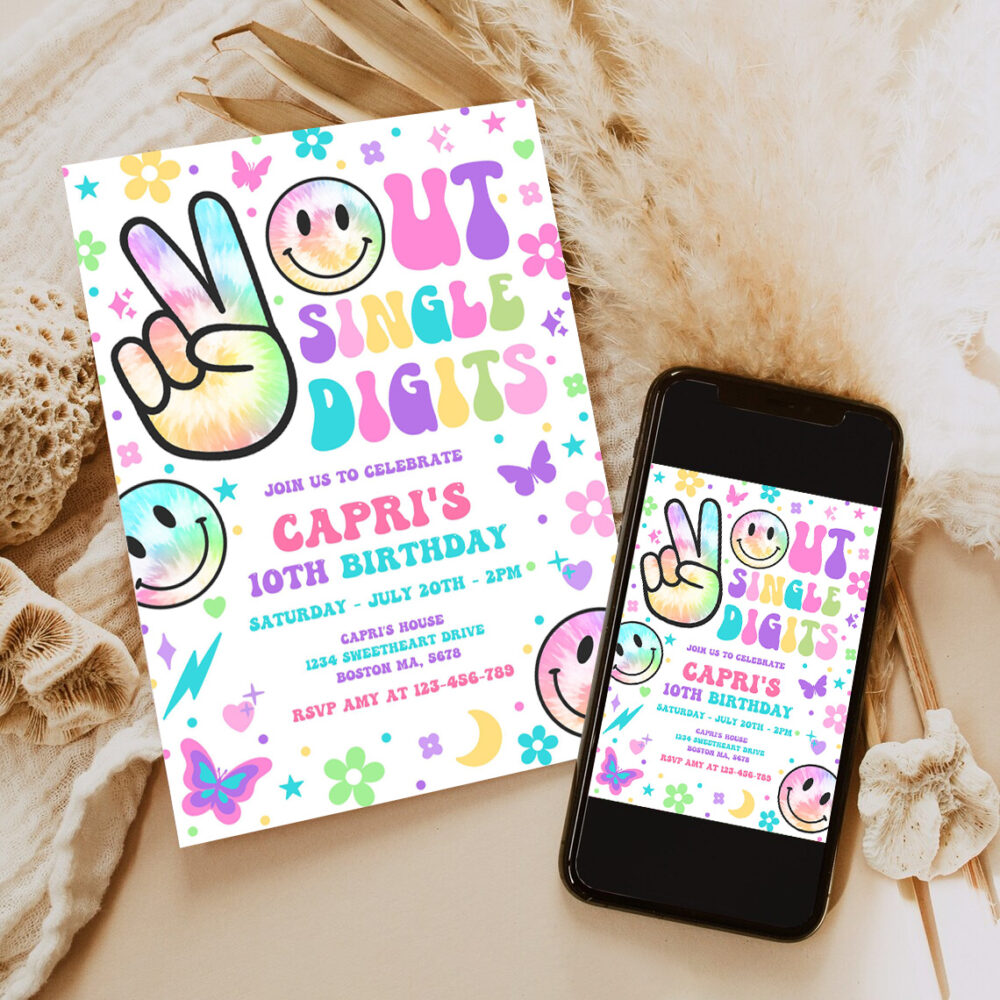 editable peace out single digits birthday party invitation tie dye groovy tween 10th birthday hippie double digits party 6