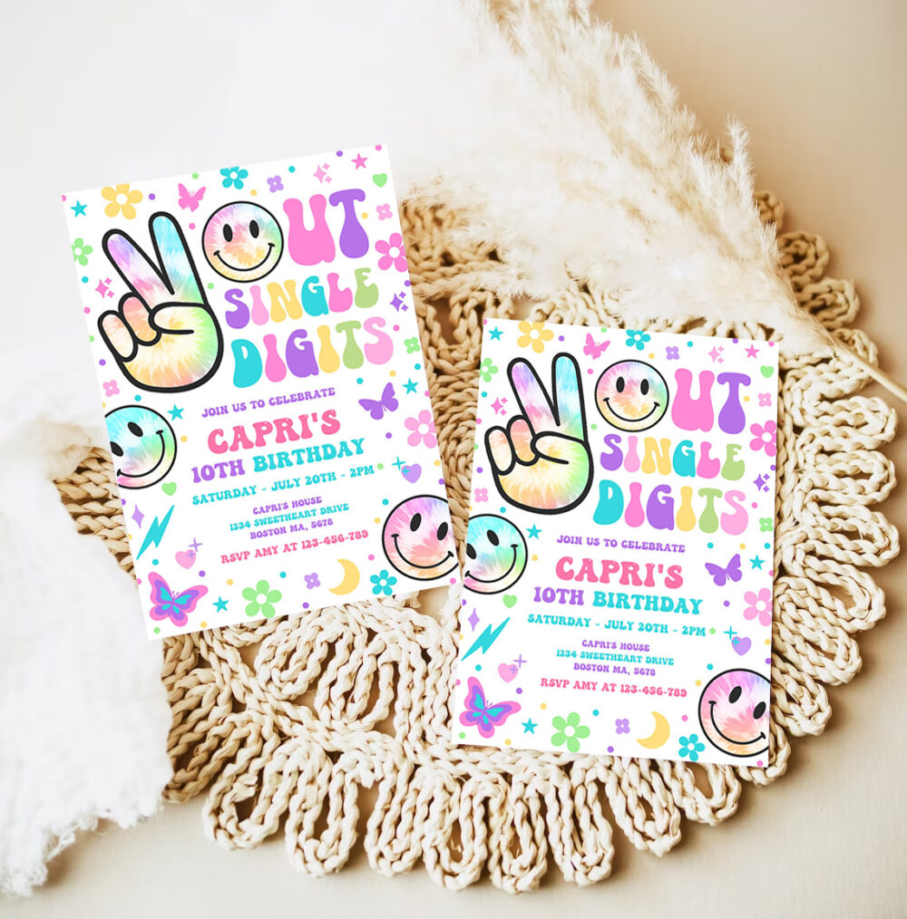 editable peace out single digits birthday party invitation tie dye groovy tween 10th birthday hippie double digits party 7