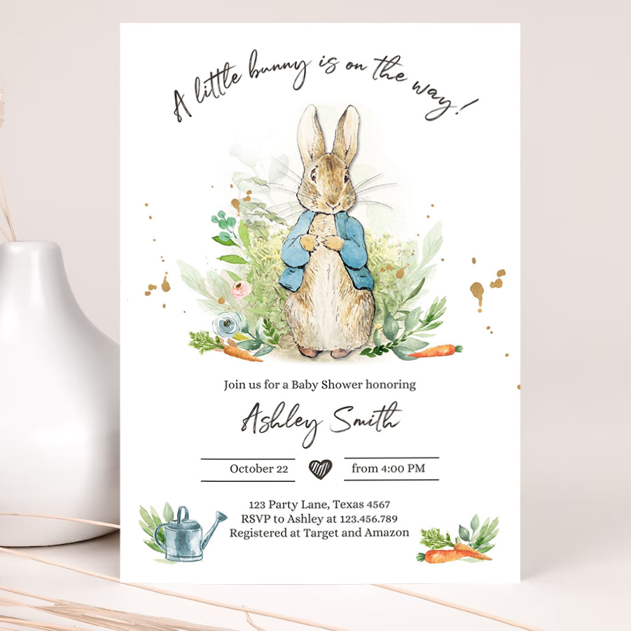 editable peter rabbit baby shower invitation boy blue rustic peter rabbit invitation spring sprinkle party invite 2