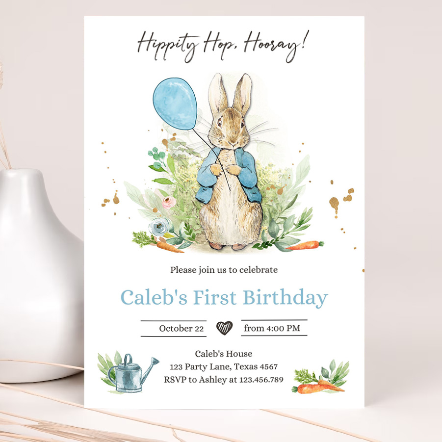 editable peter rabbit birthday invitation boy blue rustic peter rabbit 1st birthday invite watercolor 2