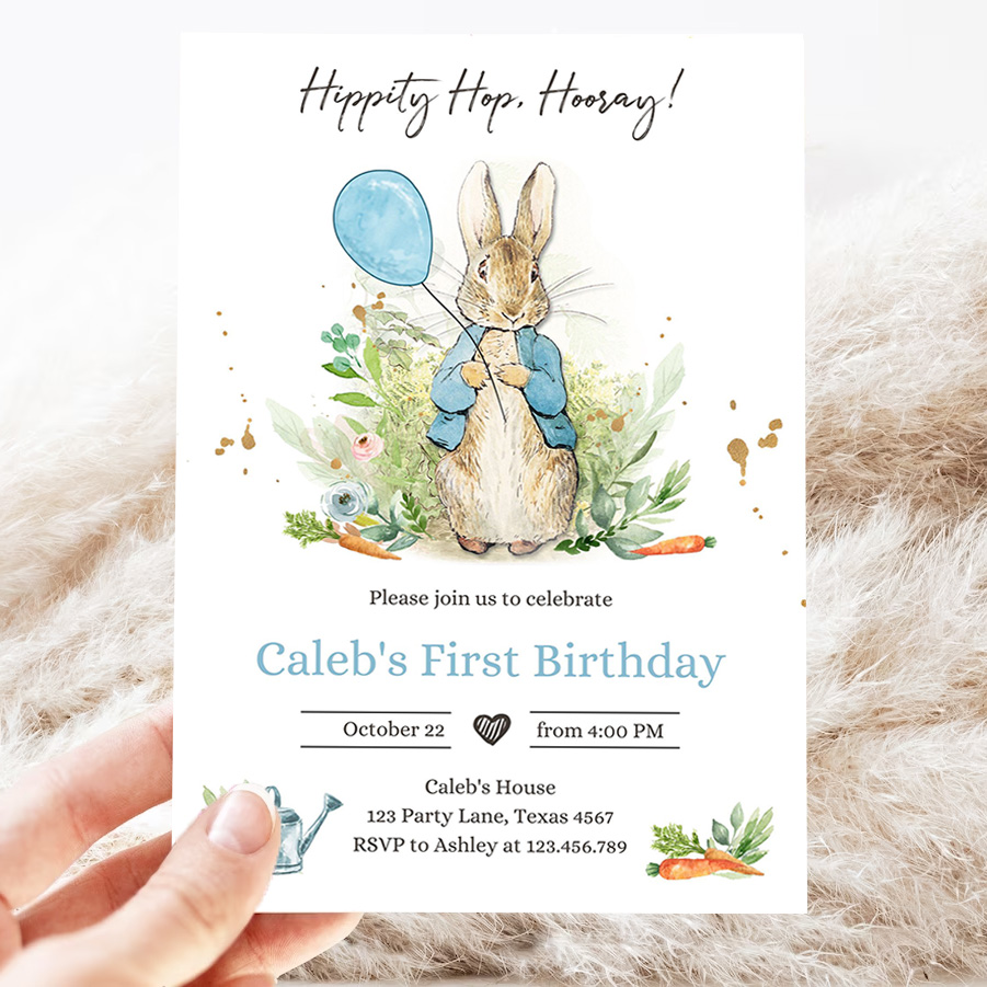 editable peter rabbit birthday invitation boy blue rustic peter rabbit 1st birthday invite watercolor 3