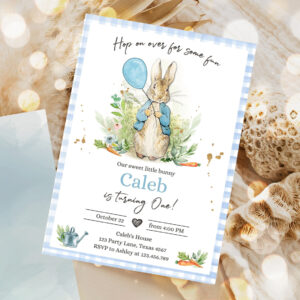 editable peter rabbit birthday invitation boy blue rustic peter rabbit first birthday hop on over watercolor 1