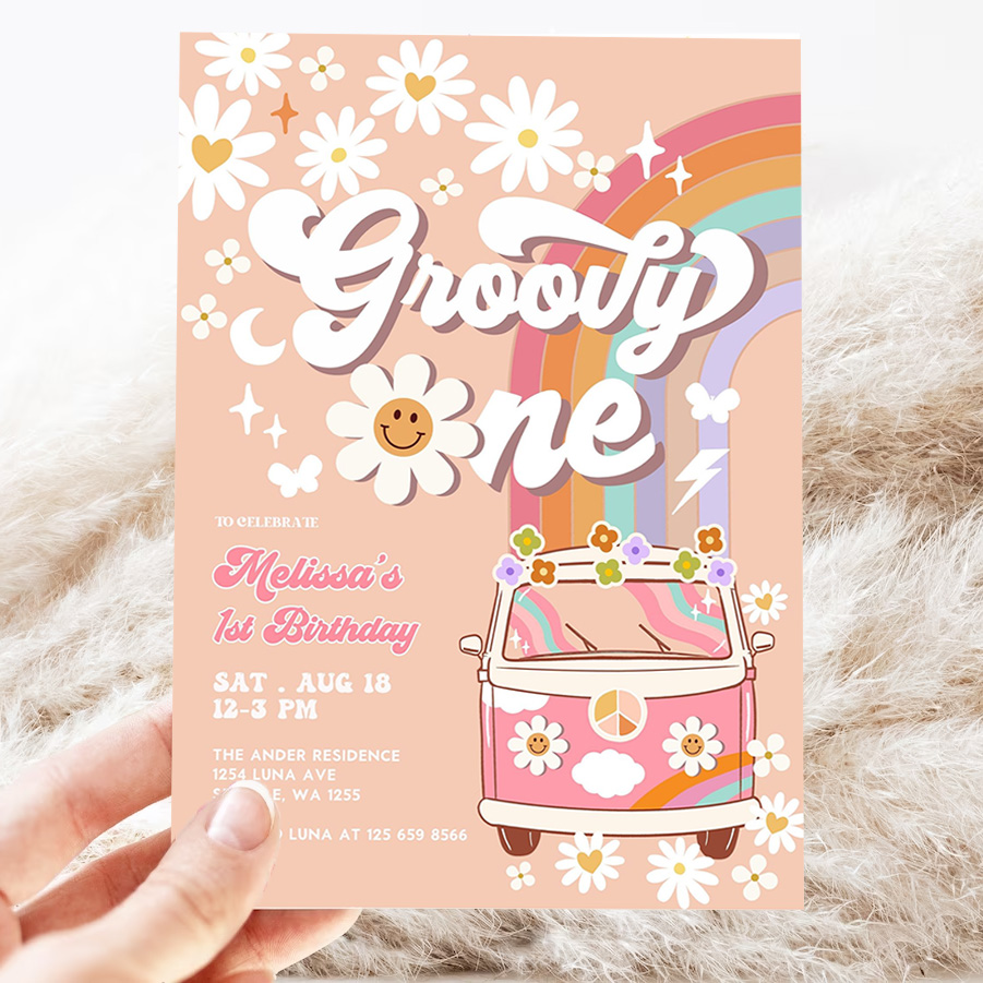 editable pink daisy rainbow groovy van groovy one 1st birthday invite retro hippie party invitation template 3