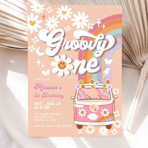 editable pink daisy rainbow groovy van groovy one 1st birthday invite retro hippie party invitation template 5