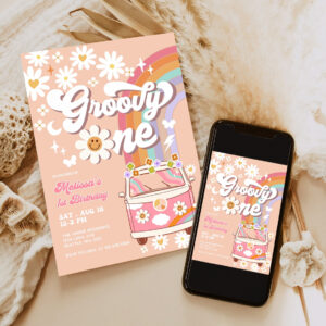 editable pink daisy rainbow groovy van groovy one 1st birthday invite retro hippie party invitation template 6