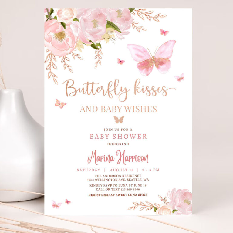 editable pink rose gold butterfly kisses and baby wishes baby shower sprinkle invitation invite printable template 2