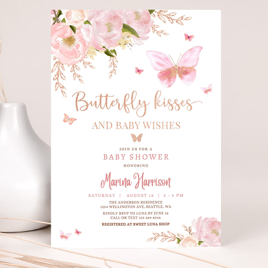 editable pink rose gold butterfly kisses and baby wishes baby shower sprinkle invitation invite printable template 2