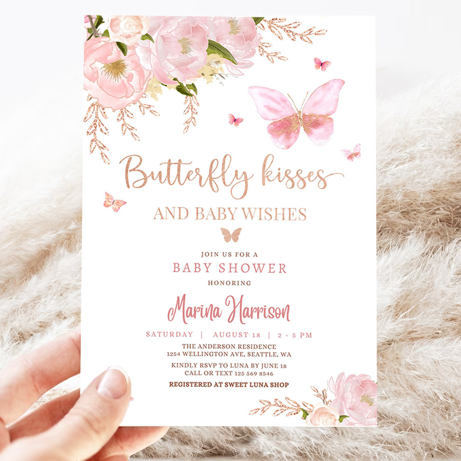 editable pink rose gold butterfly kisses and baby wishes baby shower sprinkle invitation invite printable template 3