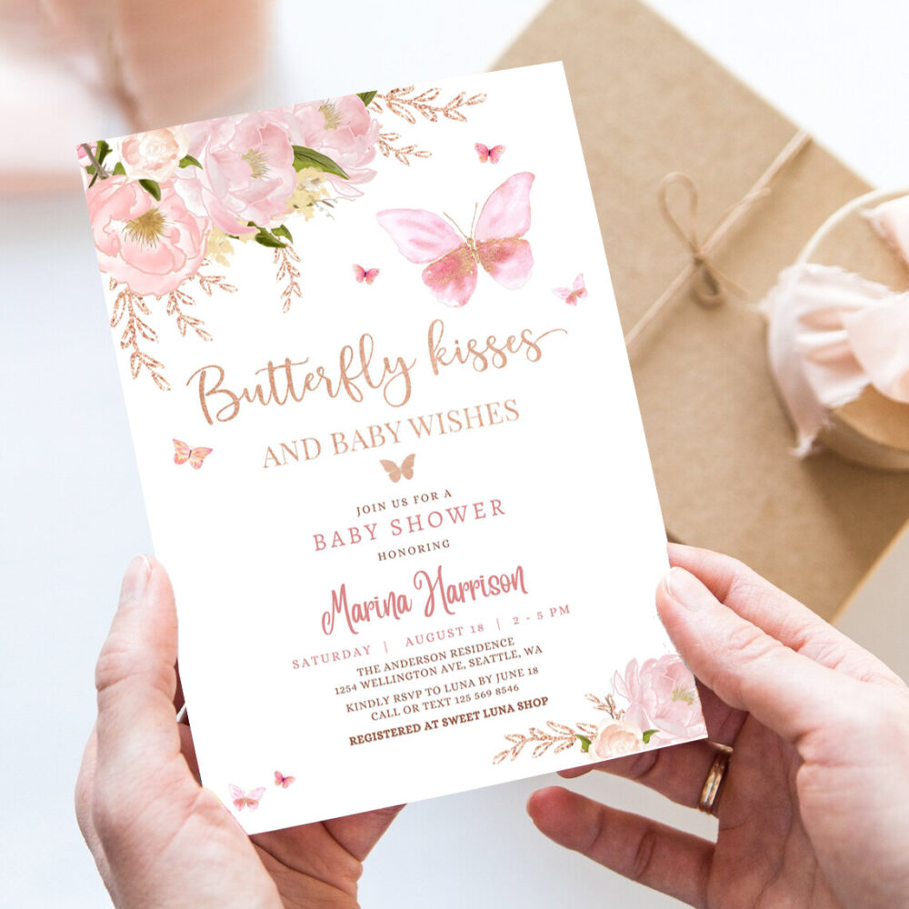 editable pink rose gold butterfly kisses and baby wishes baby shower sprinkle invitation invite printable template 7
