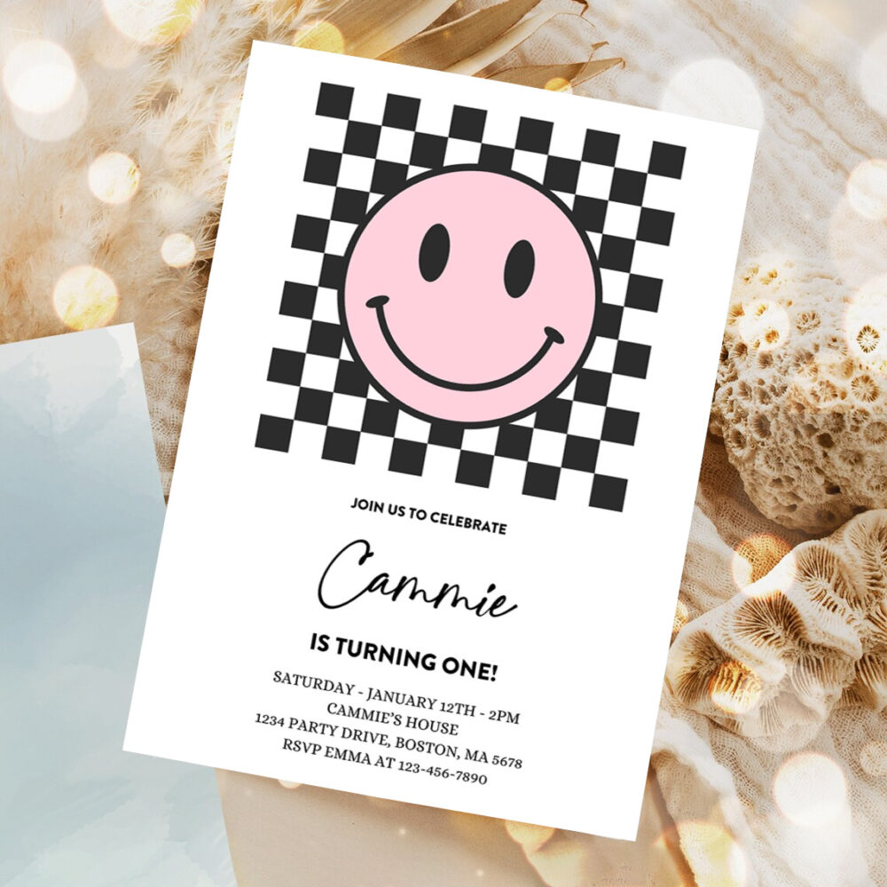 editable pink smiley face 1st birthday invitation one happy girl 1st birthday happy face birthday hipster 1st birthday 1