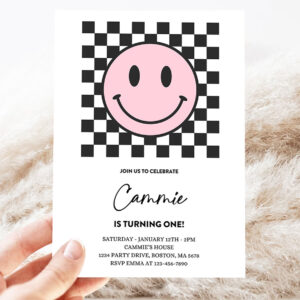 editable pink smiley face 1st birthday invitation one happy girl 1st birthday happy face birthday hipster 1st birthday 3