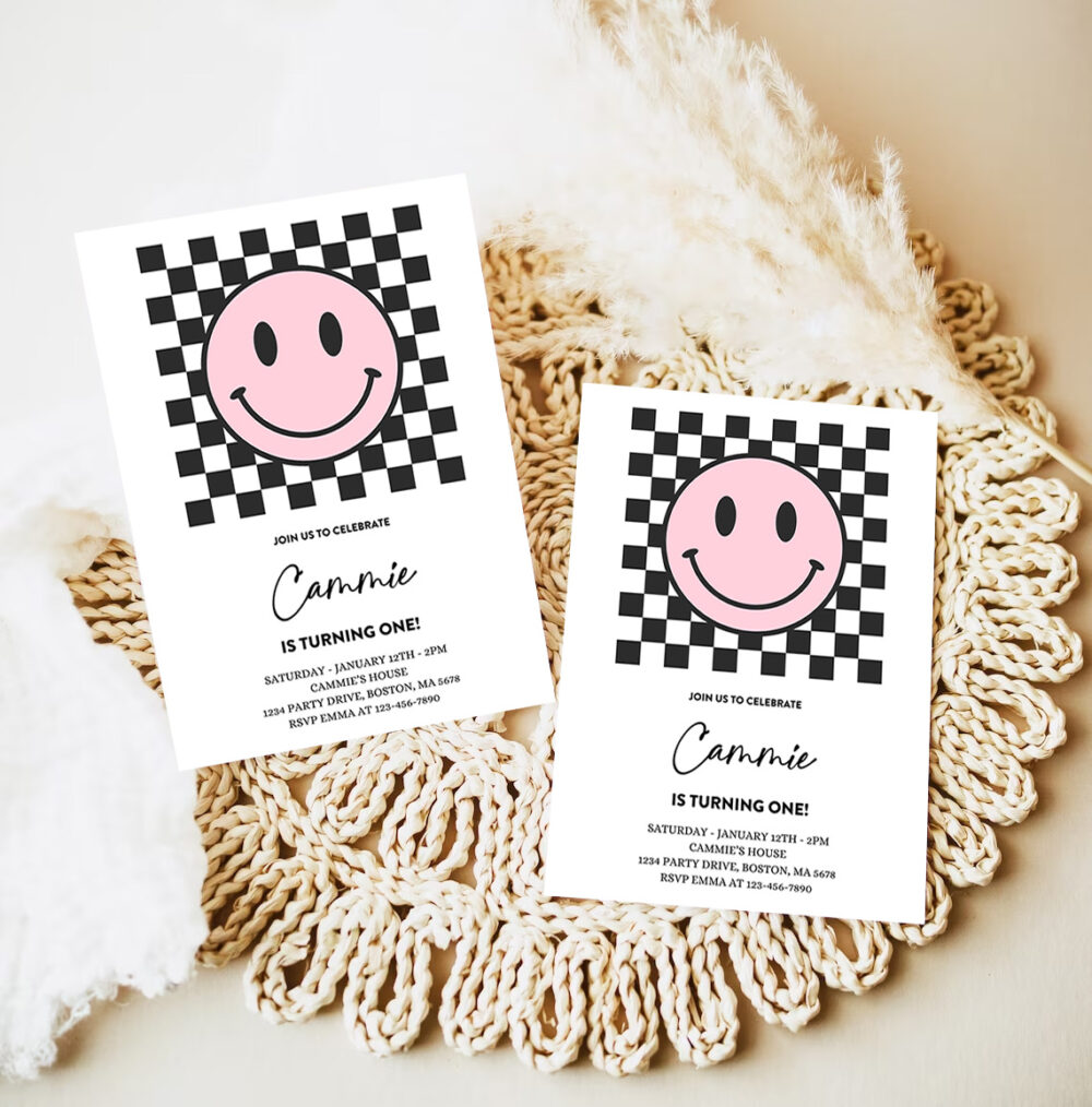 editable pink smiley face 1st birthday invitation one happy girl 1st birthday happy face birthday hipster 1st birthday 7