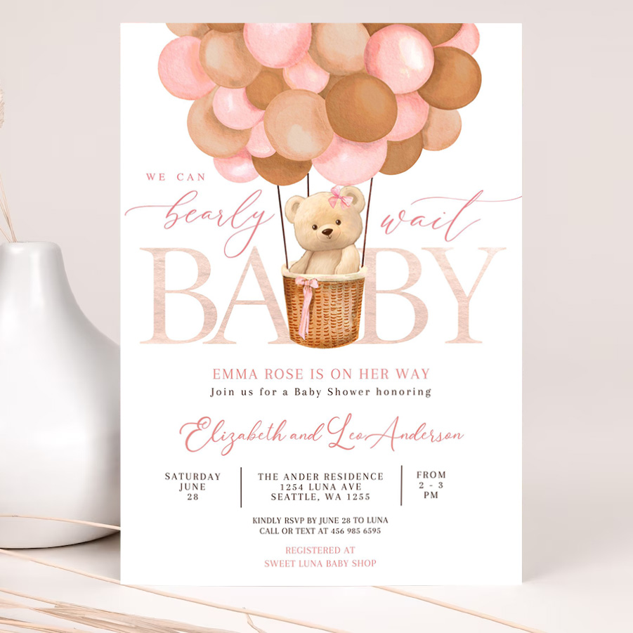 editable pink tan girl teddy bear hot air balloon bear baby shower invitation we can bearly wait invites template 2