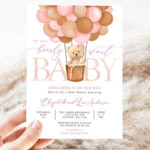 editable pink tan girl teddy bear hot air balloon bear baby shower invitation we can bearly wait invites template 3