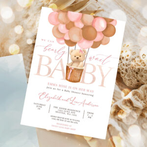 editable pink tan girl teddy bear hot air balloon bear baby shower invitation we can bearly wait invites template 5