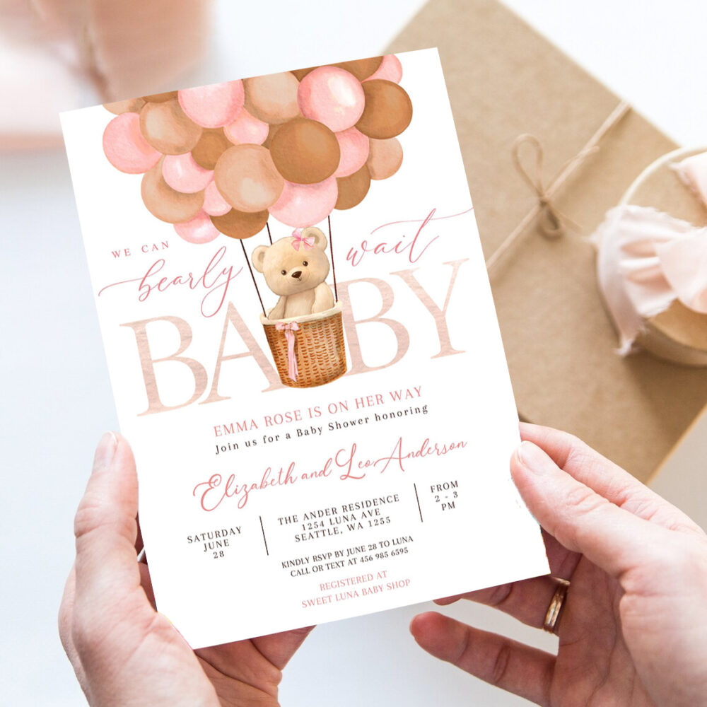 editable pink tan girl teddy bear hot air balloon bear baby shower invitation we can bearly wait invites template 7