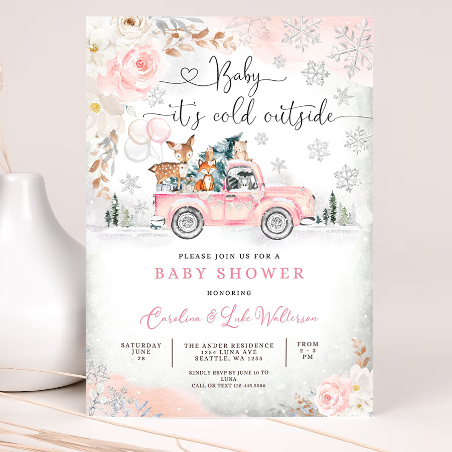 editable pink winter woodland deer bear baby shower invitation girl blush truck baby its cold outside invite 2