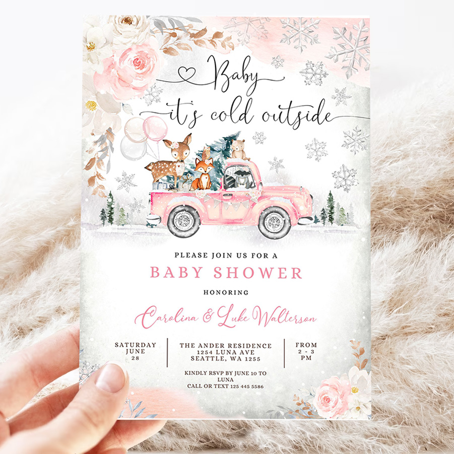 editable pink winter woodland deer bear baby shower invitation girl blush truck baby its cold outside invite 3