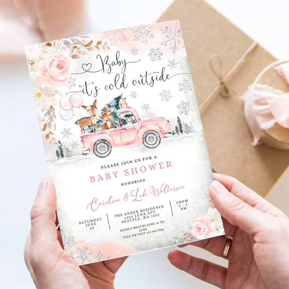 editable pink winter woodland deer bear baby shower invitation girl blush truck baby its cold outside invite 7