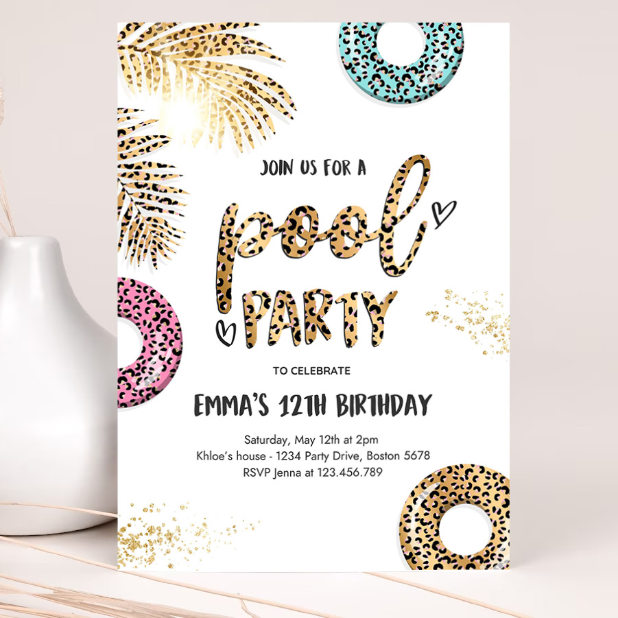 editable pool party invitation girly leopard print pool birthday party invitation summer swimming pool birthday party 2