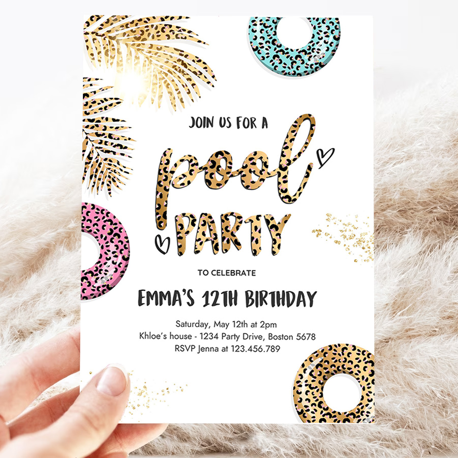 editable pool party invitation girly leopard print pool birthday party invitation summer swimming pool birthday party 3