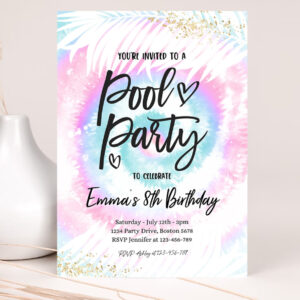 editable pool party invitation girly pink blue tie dye pool party invitation pool birthday summer swimming pool party 2