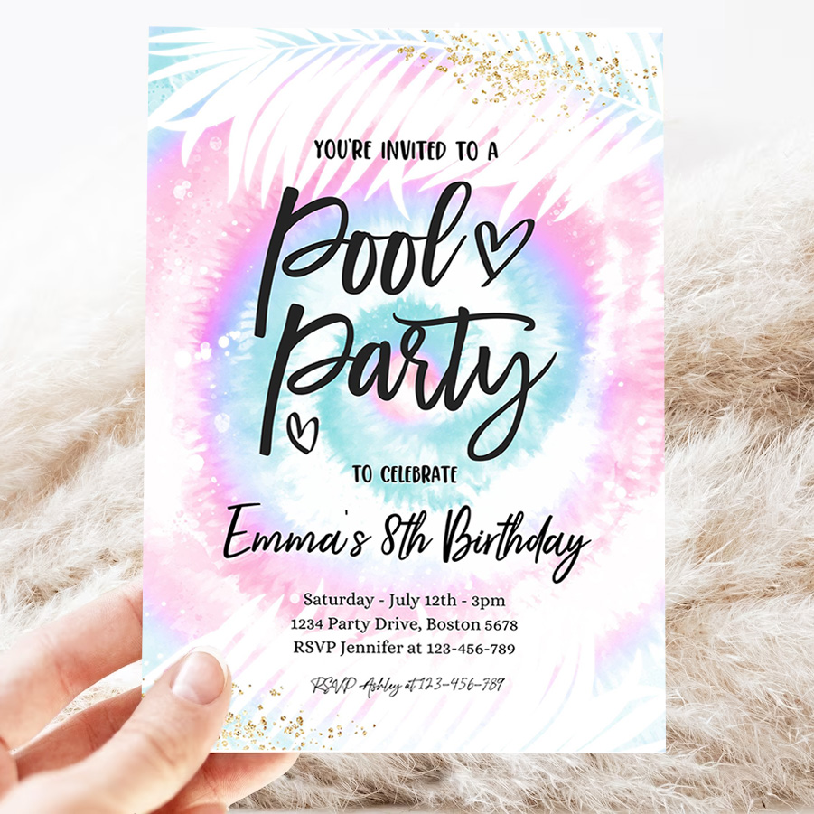 editable pool party invitation girly pink blue tie dye pool party invitation pool birthday summer swimming pool party 3