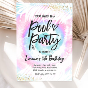 editable pool party invitation girly pink blue tie dye pool party invitation pool birthday summer swimming pool party 5