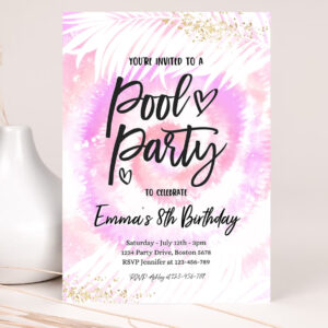 editable pool party invitation girly pink purple tie dye pool party invite pool birthday summer swimming pool party 2