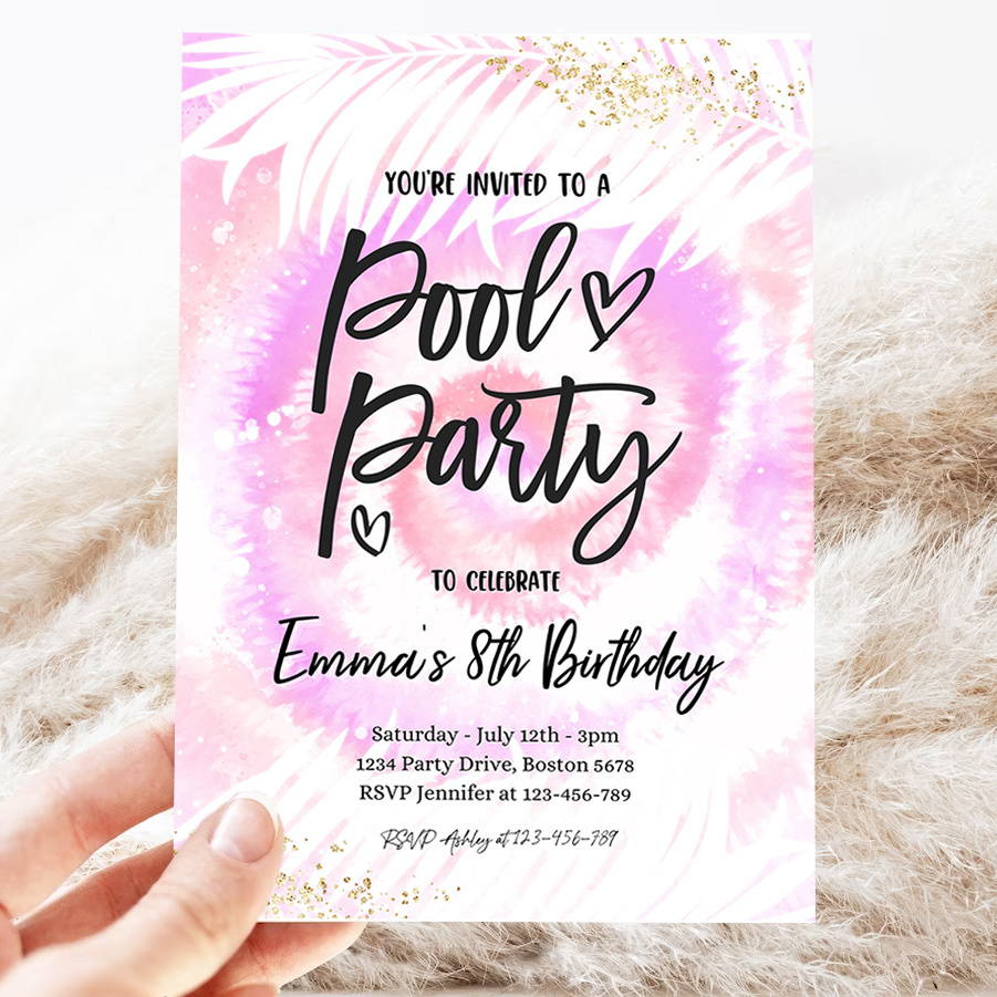 editable pool party invitation girly pink purple tie dye pool party invite pool birthday summer swimming pool party 3