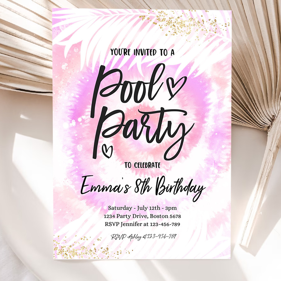 editable pool party invitation girly pink purple tie dye pool party invite pool birthday summer swimming pool party 5