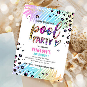 editable pool party invitation girly rainbow cheetah print pool birthday party summer pool party bash birthday party 1